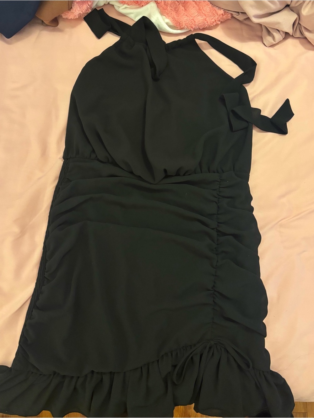 Guess Black Halter Ruched Mini Dress with Ruffle Hem